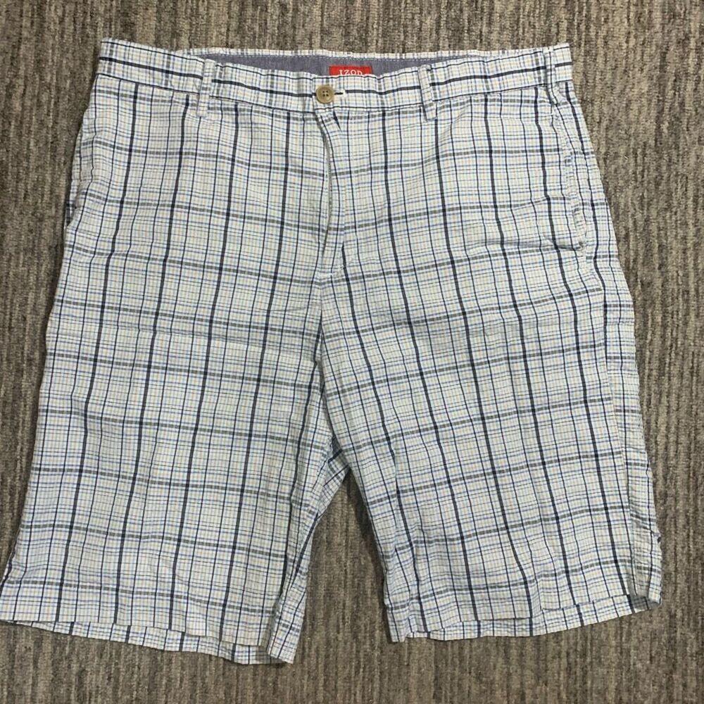 Izod Men's 36 White Blue Yellow Striped Cotton Casual Bermuda Style Shorts‎ Golf